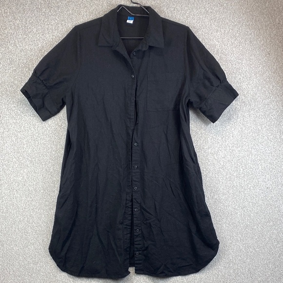 Old Navy linen button down dress L midi puffy sleeves beachy casual minimalist - Picture 1 of 10